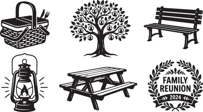 Family reunion icons, picnic symbols, black vector illustrations, outdoor gathering elements, 6 pcs