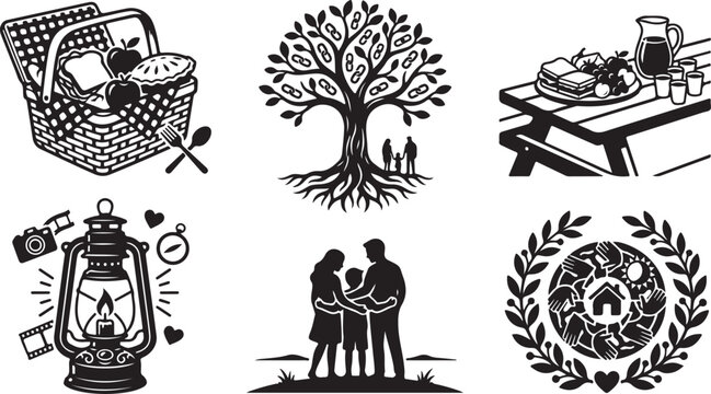 Black and white picnic icons, outdoor symbols, tree, couple, lantern, vector illustrations, 6 pcs