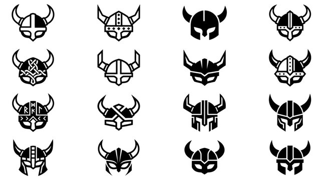 Set of Viking Helmet Icons and Warrior Symbols
