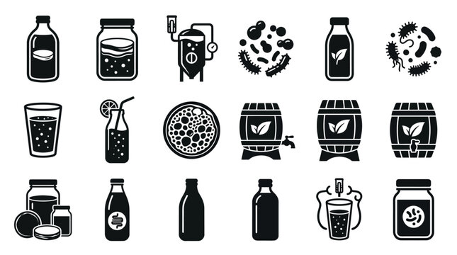 Kombucha Fermented Tea Production and Probiotic Drink Icons Set
