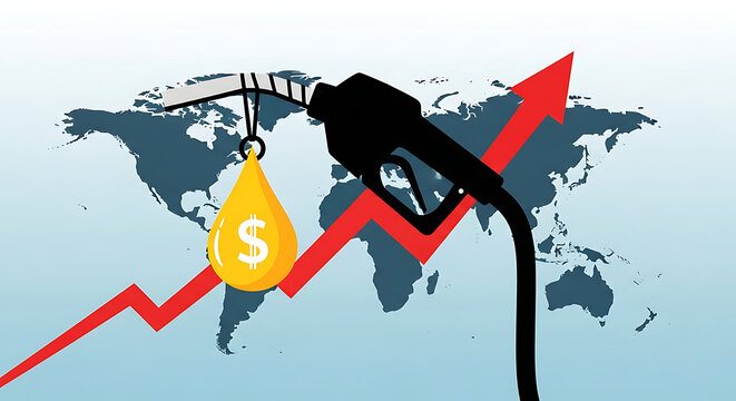 Global fuel price increase concept with gas pump nozzle and rising chart over world map.