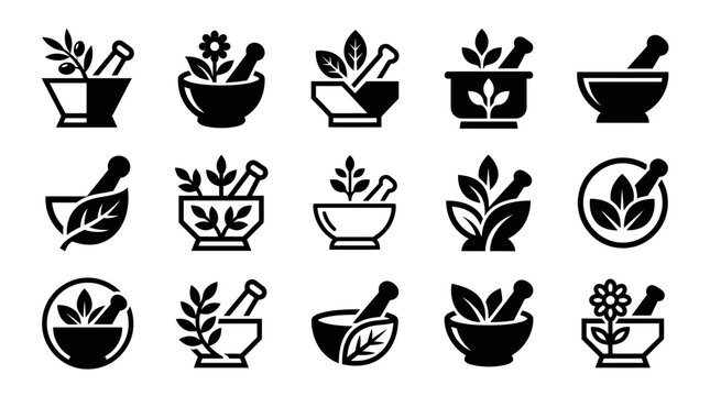 Set of Pharmacy Mortar and Pestle Icons for Herbal Medicine