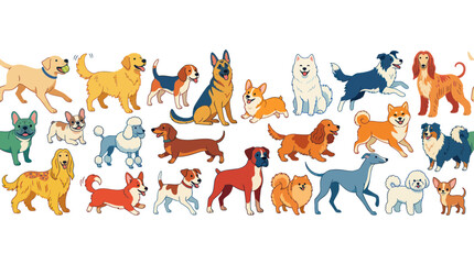 Large group of diverse dog breeds in a seamless horizontal pattern © mamik