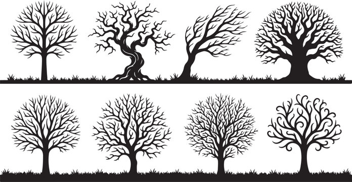 Black tree silhouettes, bare trees, winter landscape icons, vector graphics