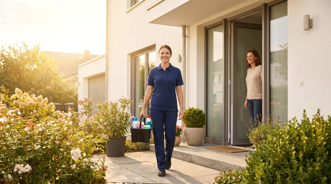 House cleaner in blue uniform, carrying plastic supply caddy with bottles, walking down patio steps while happy client watches from open door, sunny suburban house exterior, commercial service