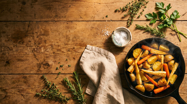 Roasted root vegetables in cast iron skillet, steaming hot carrots and parsnips with fresh herbs, top down overhead flat lay view, rustic wooden table with sea salt, culinary food photography