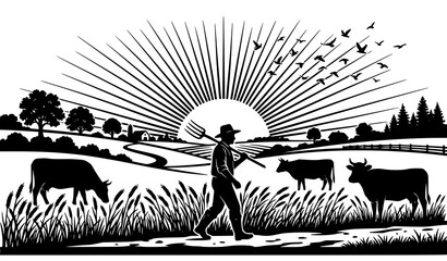 Traditional Agriculture Silhouette Vector Landscape with Farmer Livestock and Wheat Harvest © Md Humaun