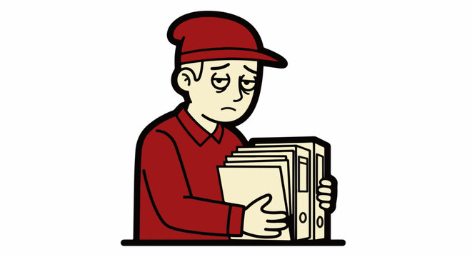Cartoon boy reading thick stack of books seriously.