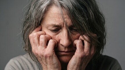 Fototapeta premium Close Up of Anxious Depressed Senior Woman with Grey Hair Holding Her Face in Hands