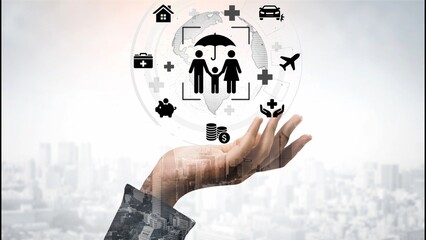 Obraz na płótnie Canvas Concept of insurance protection and financial security represented by hand holding icons that symbolize health, travel, home, and vehicle coverage in urban setting. Entropy.