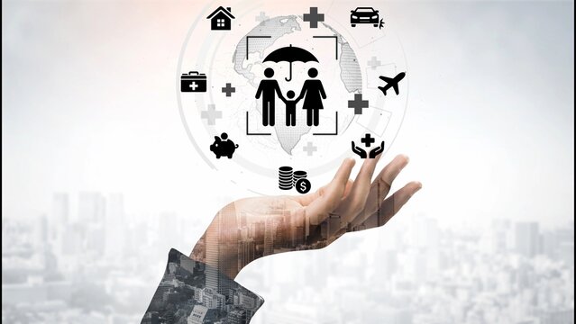 Concept of insurance protection and financial security represented by hand holding icons that symbolize health, travel, home, and vehicle coverage in urban setting. Entropy.