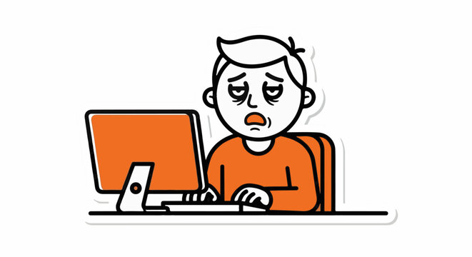 Frustrated cartoon man working on computer at desk.