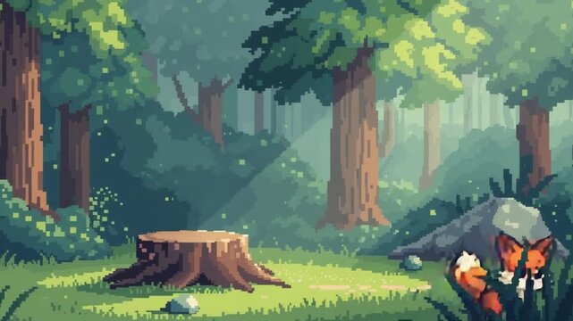 Cute Cartoon Fox Sitting on Forest Stump. 4K Video