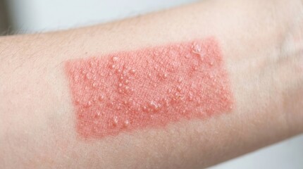 Fototapeta premium Close Up of Rectangular Red Skin Rash with Small Vesicles Blisters on Human Arm