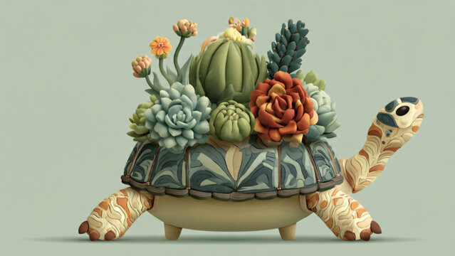 Colorful arrangement of succulents and cacti on decorative turtle shaped planter with pastel background