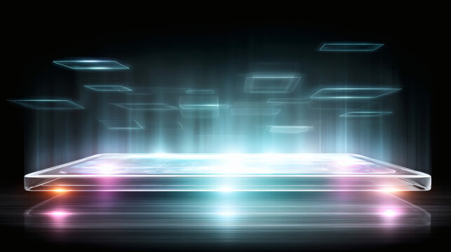 front view of a glowing floating cloud platform with beams of cyan and violet light extending to various floating device icons like smartphones and tablets. This represents a cross-platform 