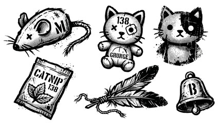 Fototapeta premium Gothic Cute Punk Kawaii Cat Mouse Feather Bell Catnip Pack Vector Illustration