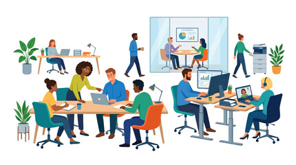 People working in open space office collaborative workplace business team flat vector illustration isolated on white background © B