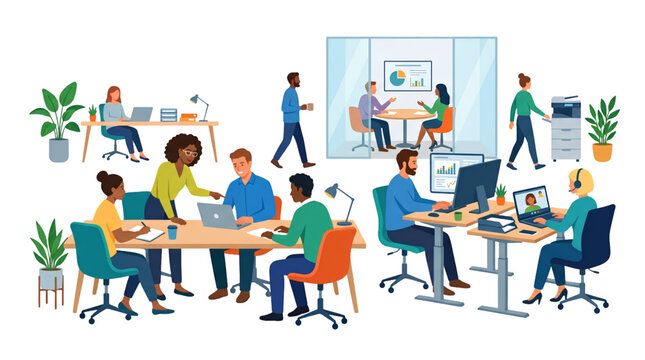 People working in open space office collaborative workplace business team flat vector illustration isolated on white background