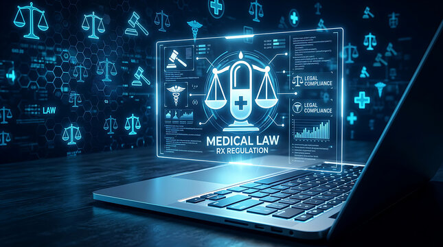 Digital interface displaying medical law and pharmaceutical regulation concepts on a laptop screen.