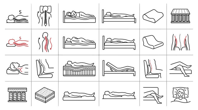 Orthopedic Mattress and Pillow Collection: Spine Alignment, Sleep Comfort, and Support Icons