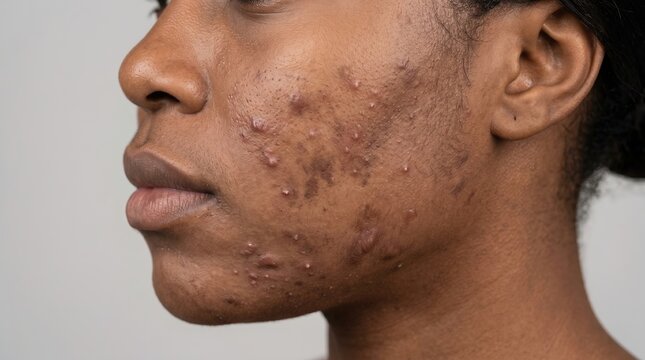 Side View Profile of Black Woman Skin with Severe Inflammatory Acne Vulgaris and Hyperpigmentation Scars