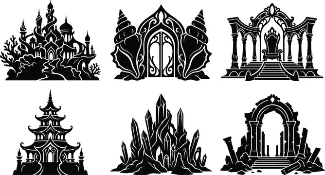 Fantasy Palace and Magical Architecture Silhouette Collection with Crystals Gates and Ruins