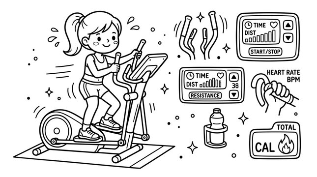 Active girl exercising on elliptical machine, fitness workout, digital display, water bottle