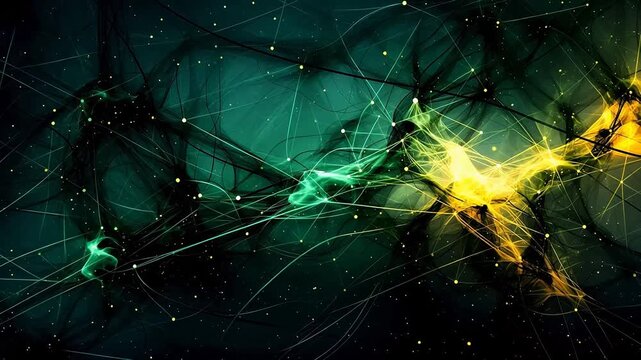Digital green and yellow strings tangled together abstract background
