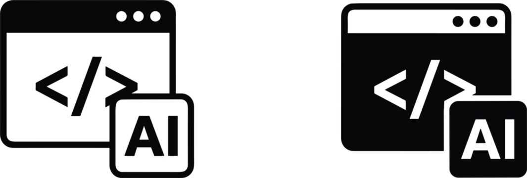 Artificial intelligence coding assistant and web programming vector icon set with digital browser window symbols