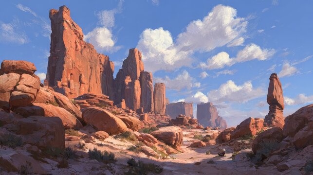 Majestic sandstone rock formations sculpted by wind and time in a dramatic desert landscape, towering natural stone cliffs and rugged geological textures under clear sky, breathtaking wilderness scene