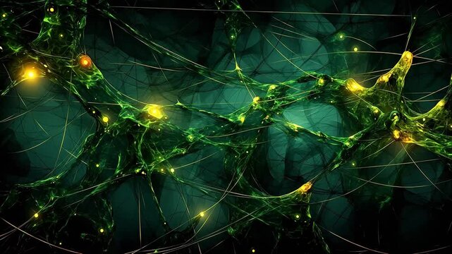 Digital green and yellow strings tangled together abstract background