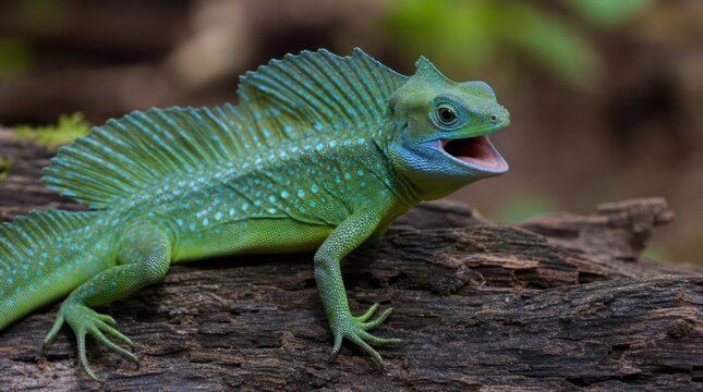 Green Basilisk Lizard with Open Mouth on a Log.