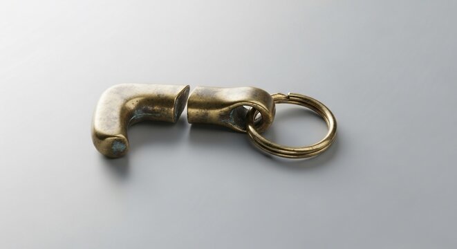 Broken brass key chain hook on a neutral gray background.