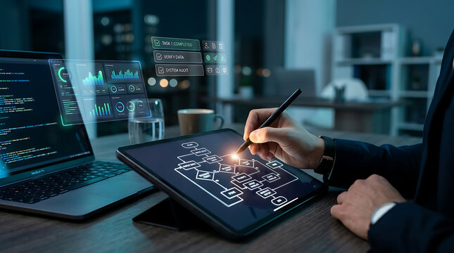 Professional software developer working on complex system architecture design using a digital tablet at night.