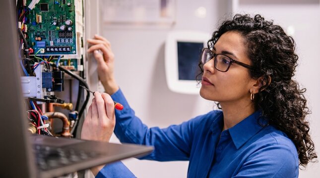 Professional HVAC Technician Inspecting Circuit Board and Electrical Components
