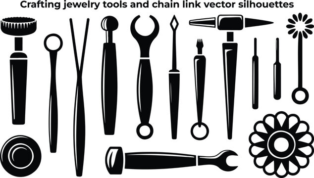 Essential crafting jewelry tools and decorative design elements presented as bold vector silhouettes for creative projects