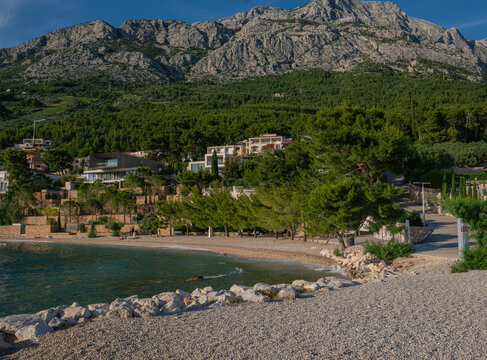 Scenic coastal landscape of Makarska Riviera with Biokovo mountain and Adriatic sea, Croatia