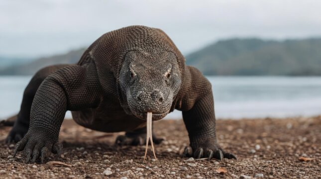 Komodo Dragon Lizard Walking on Beach with Tongue Out.