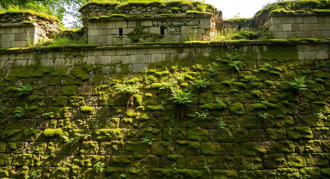 Ancient stone fortress overgrown with vibrant green moss and ferns