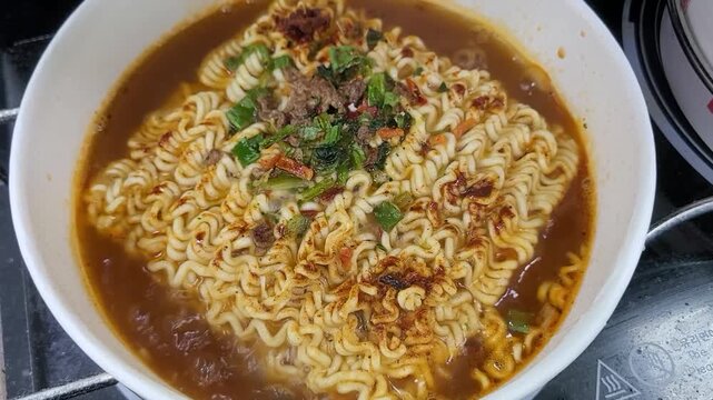 Han River Ramen Delicious Spicy Korean Instant Noodles Cooked in a Convenience Store
