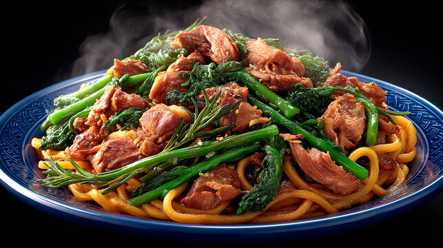 Steaming plate of stir fried chicken and vegetables with stir fry main course vegetables culinary