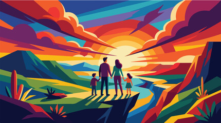 Fototapeta premium vector illustration of a family looking at sunset. family holding hands on a mountain cliff. vector abstract landscape of family watching sunrise.