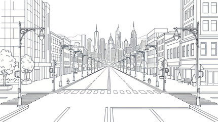 Modern city street perspective with skyscrapers in line art © Maya