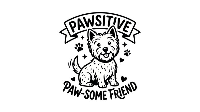 Cute scruffy puppy with pawsitive banner and pawsome friend pun