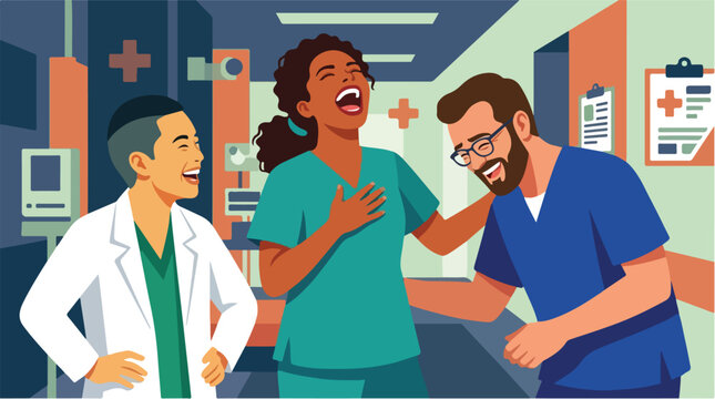 vector cheerful medical team laughing together in clinic. happy diverse doctors and nurse having fun at hospital corridor. vector illustration of friendly healthcare workers sharing a laugh.