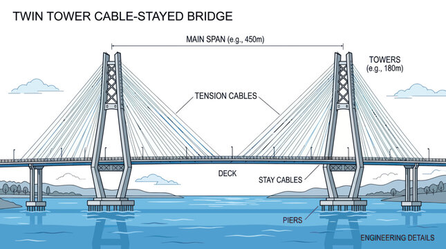 Engineering diagram showing parts of a twin tower cable stayed bridge