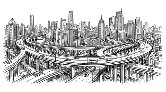 Metropolis skyline with complex freeway system and busy traffic