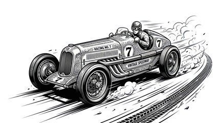 Vintage racing car with driver speeding on a dusty track © Maya