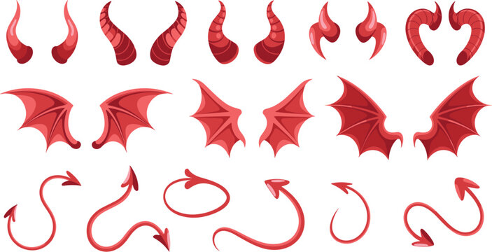 Red Devil Horns Bat Wings and Arrow Tails Costume Element Icon Set for Halloween Parties Photo Booth Apps and Spooky Character Designs